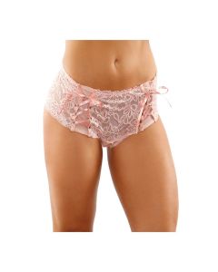 Bottoms Up Magnolia Stretch Lace Crotchless Panty w/Ribbon Lace Up Front Light Pink S/M