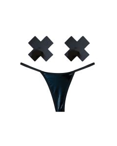 Neva Nude Naughty Knix Dom Squad Wet Vinyl G-String & Pasties - Black O/S