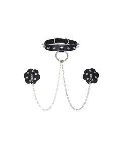 Neva Nude Burlesque Slave 4 U Chain Neck Choker Leather Reusable Silicone Pasties - Black O/S