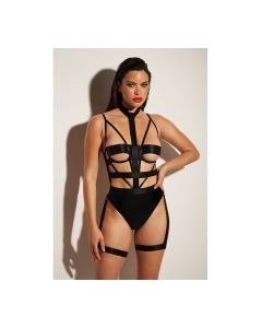 FETISH Lethal Underwire Peek A Boo Vinyl Teddy w/Choker Black